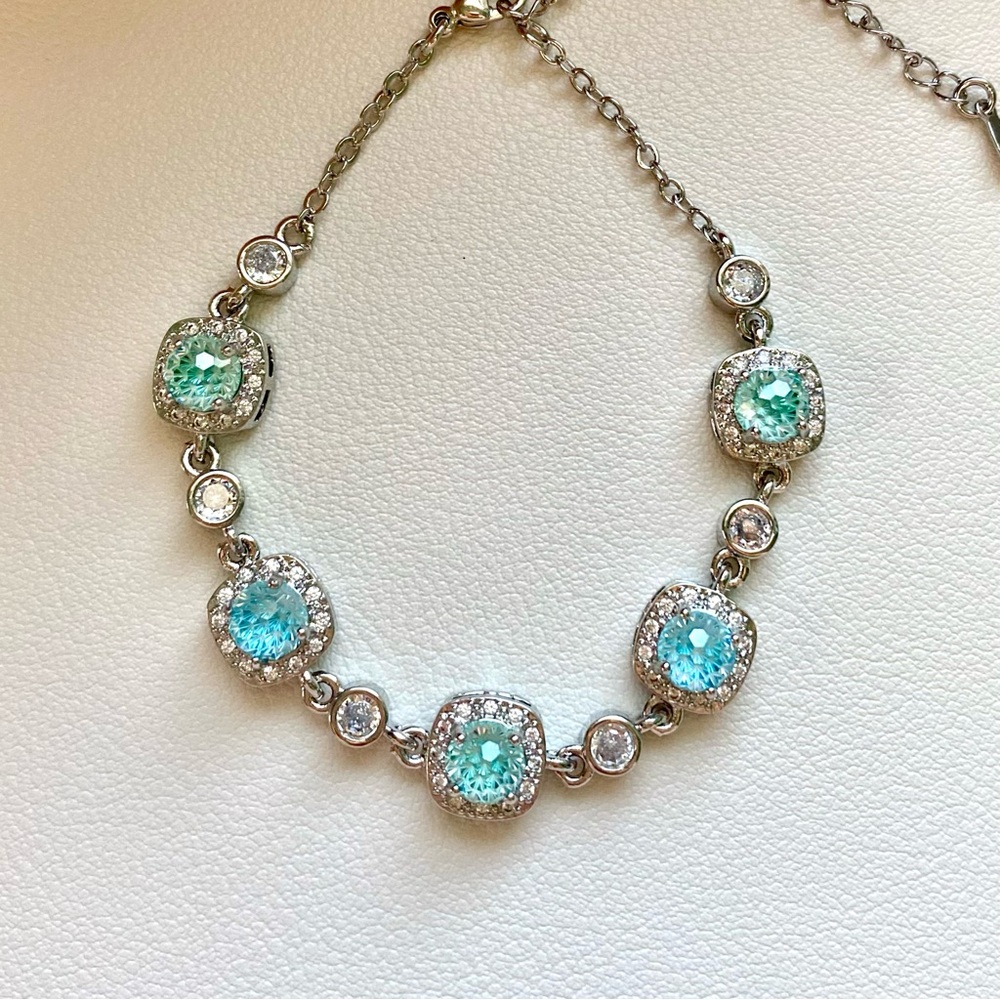 Aqua Crystal Halo Silver Bracelet